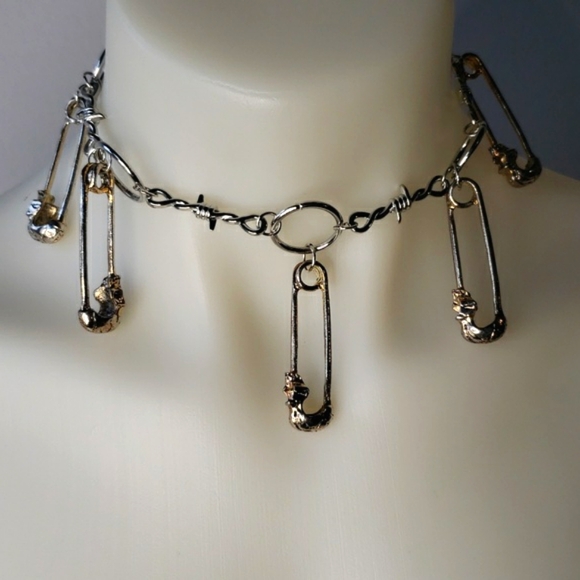 Silver gold skull punk goth emo safety pin choker necklace - Picture 7 of 10